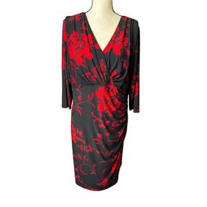 Lauren Ralph Lauren Red Black Floral Faux Wrap Sheath Dress Plus Size 14W